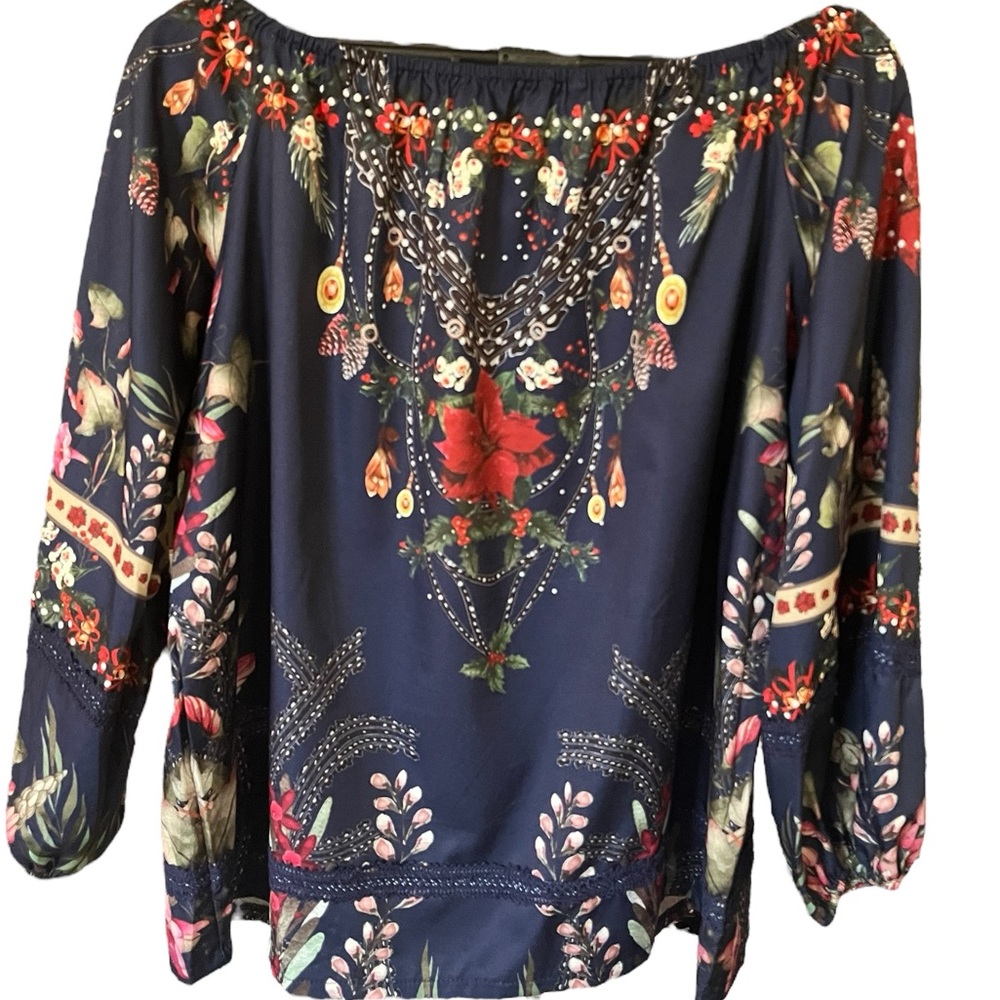 Amazon Women's Blue Floral Off-Shoulder Blouse - Picture 3 of 3